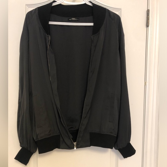 Black satin look bomber , silver zipper, size large, fits like medium - Picture 4 of 6
